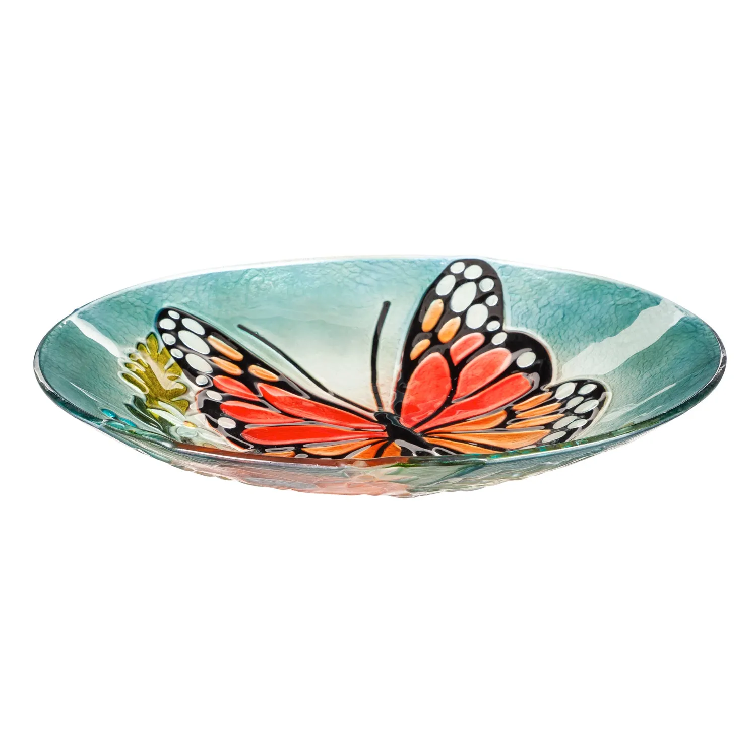 18" Hand Painted Embossed  Glass Bird Bath, Florals and Monarch Butterfly,2gb834