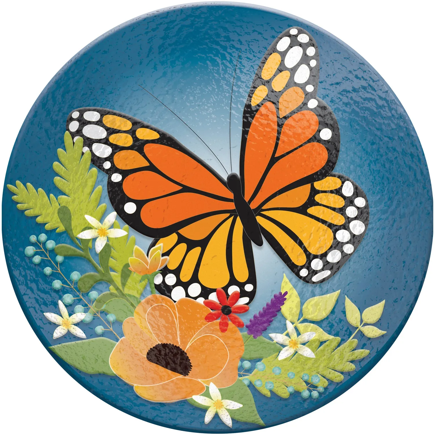 18" Hand Painted Embossed  Glass Bird Bath, Florals and Monarch Butterfly,2gb834