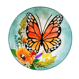 18" Hand Painted Embossed  Glass Bird Bath, Florals and Monarch Butterfly,2gb834