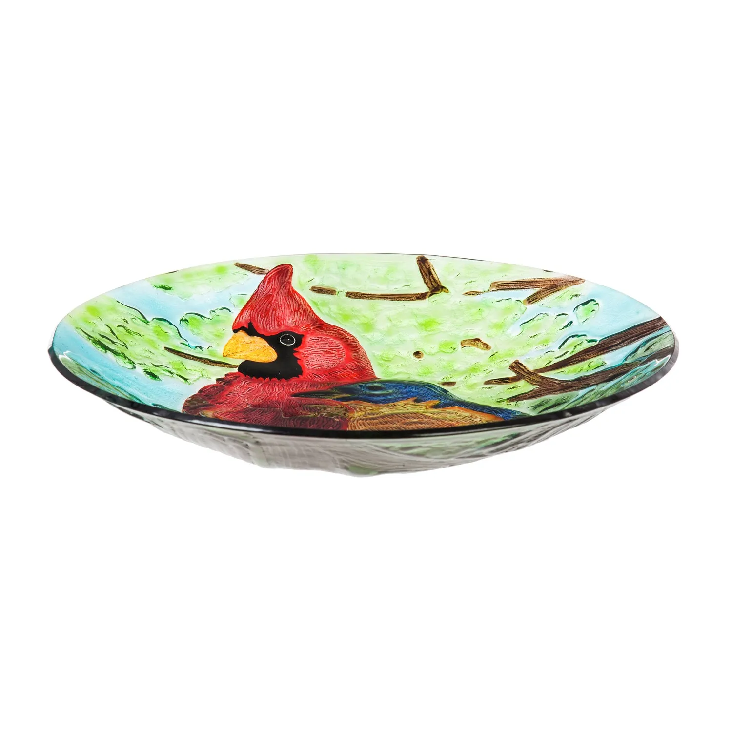 18"Hand Painted  Embossed Glass Bird Bath, Cardinal and Blue Bird,2gb837