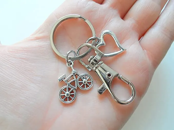 Bicycle Charm Keychain with Bike & Heart Charm and Swivel Clasp Hook, Biker Keychain