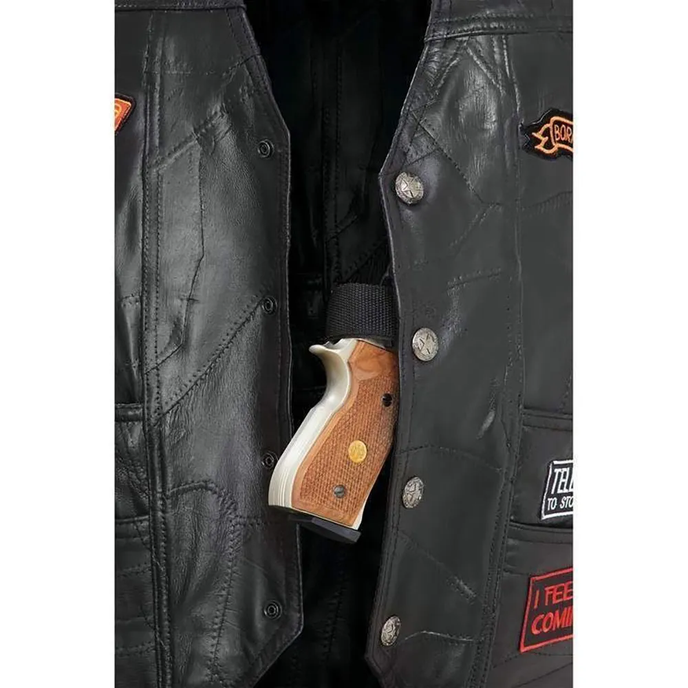 Biker Vest Concealed Carry Buffalo Leather Motorcycle CCW Skull Wings w/ 16 Patches