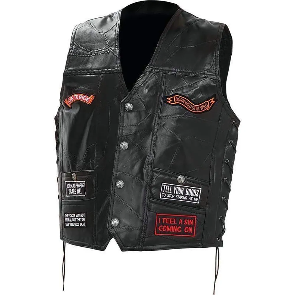 Biker Vest Concealed Carry Buffalo Leather Motorcycle CCW Skull Wings w/ 16 Patches