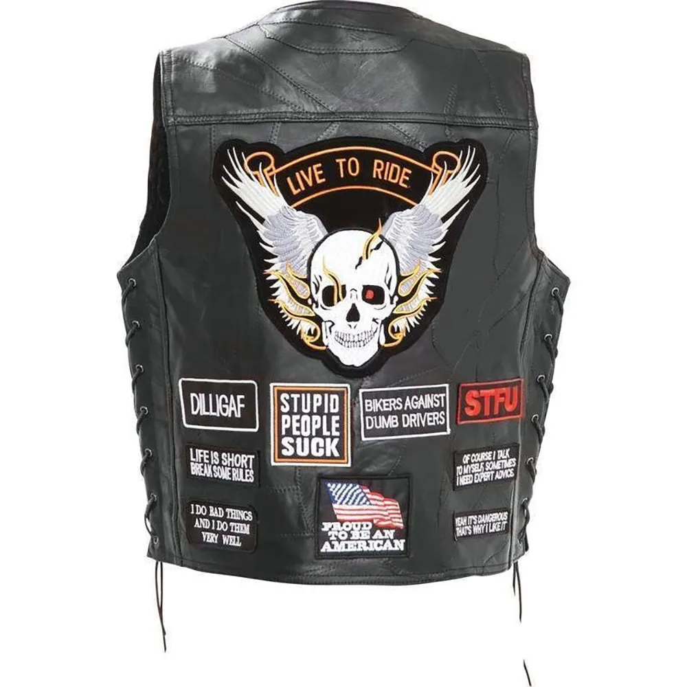Biker Vest Concealed Carry Buffalo Leather Motorcycle CCW Skull Wings w/ 16 Patches