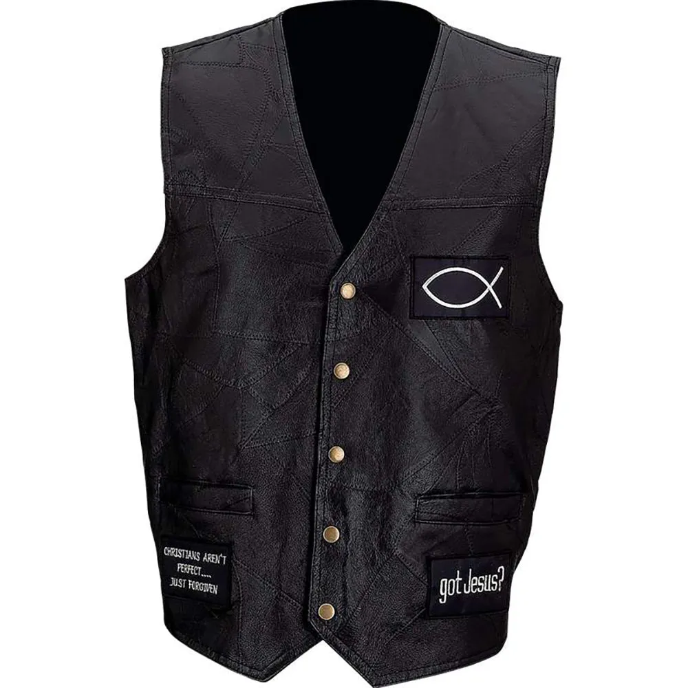 Biker Vest Jesus Forever Genuine Leather Motorcycle Christian Biker Cross w/ Patches