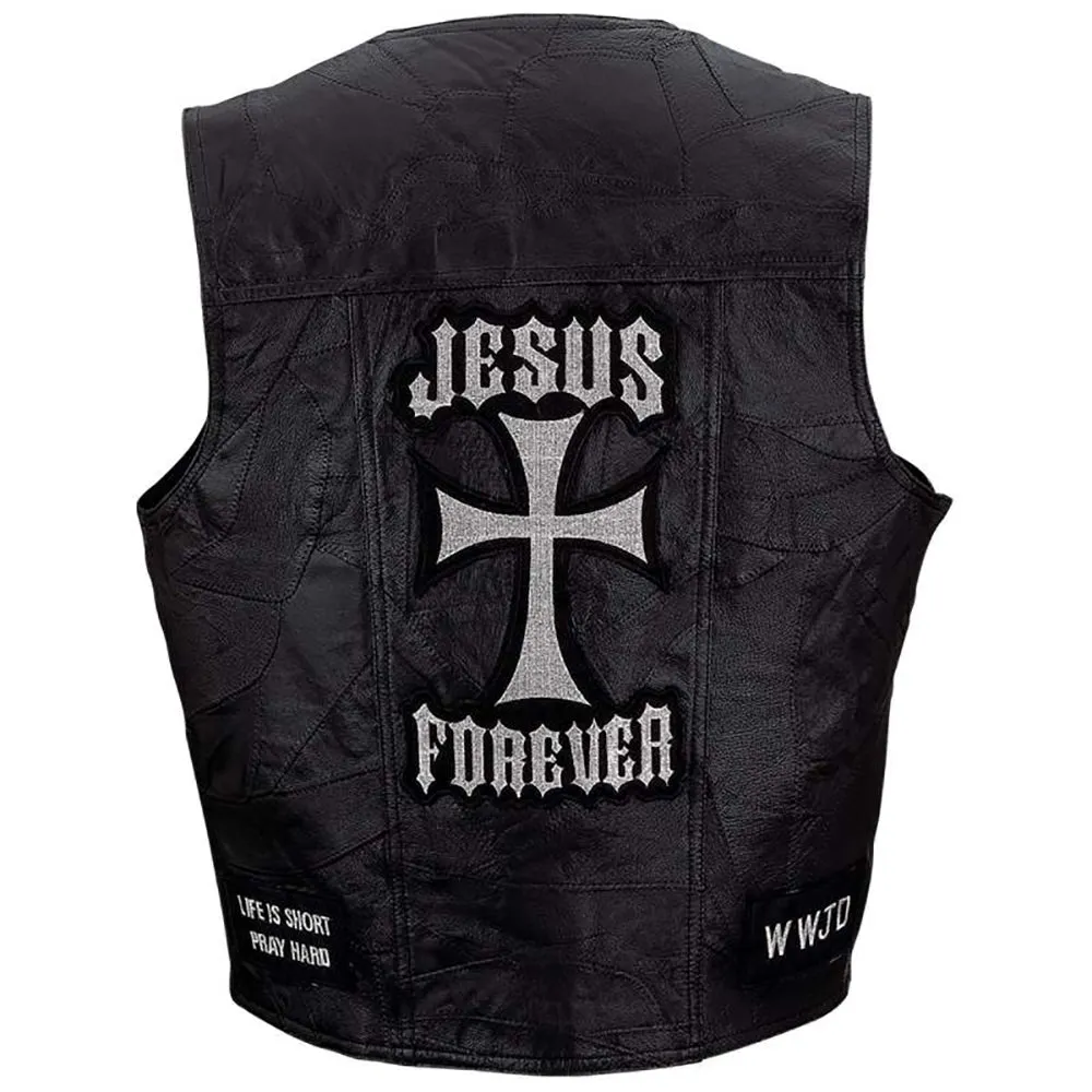 Biker Vest Jesus Forever Genuine Leather Motorcycle Christian Biker Cross w/ Patches