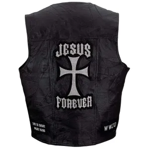 Biker Vest Jesus Forever Genuine Leather Motorcycle Christian Biker Cross w/ Patches