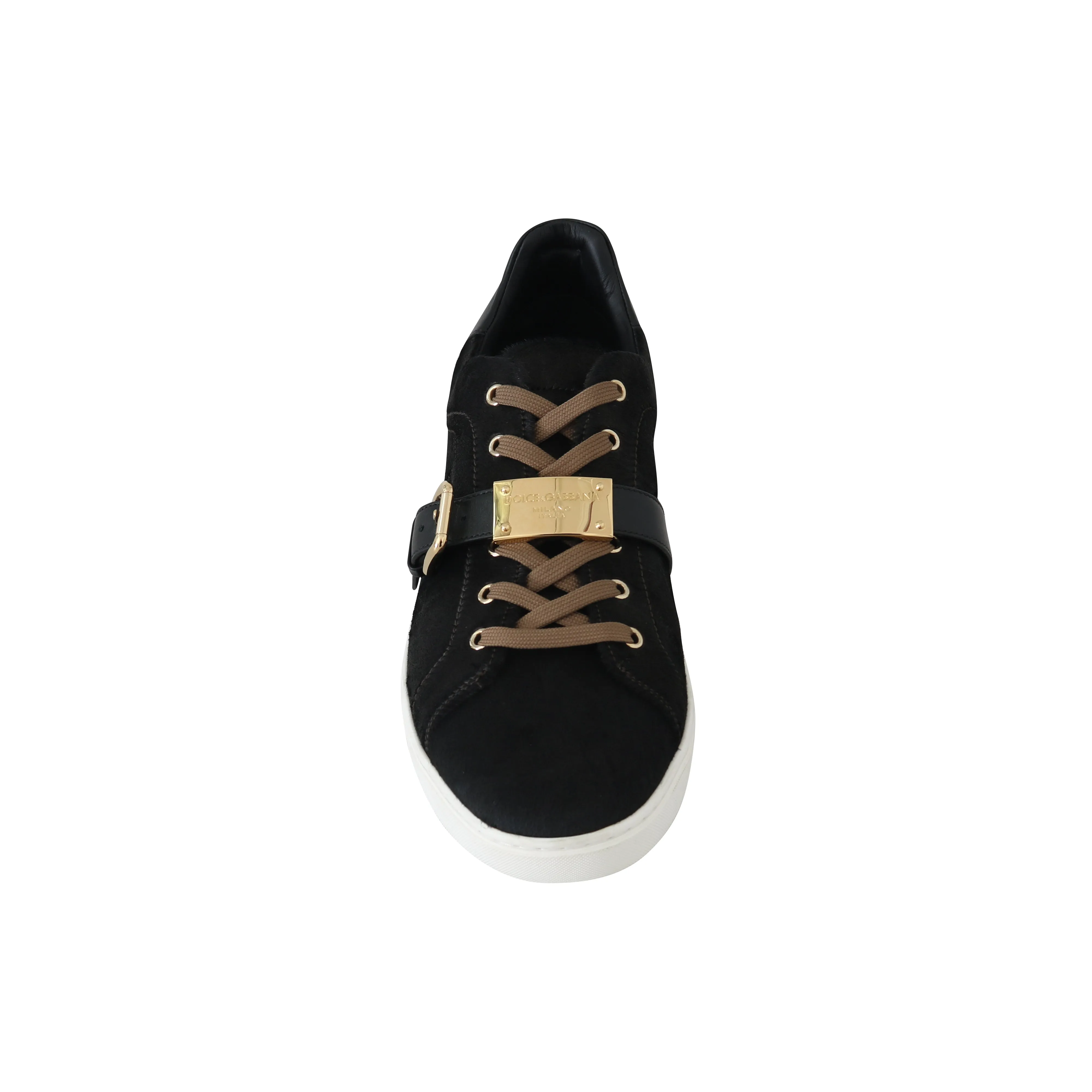 Black Leather Gold Buckle Sneakers Shoes