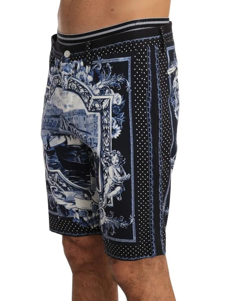 Black White Venice Print Cotton Shorts