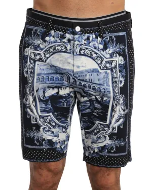 Black White Venice Print Cotton Shorts