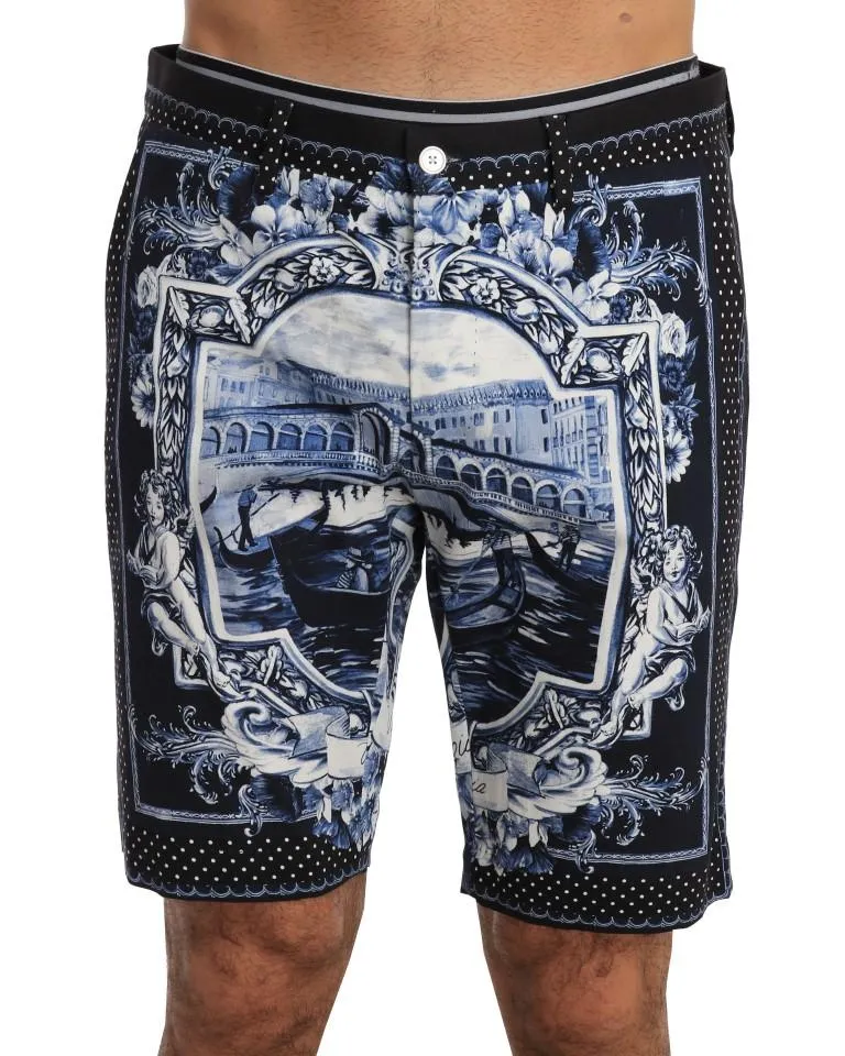 Black White Venice Print Cotton Shorts