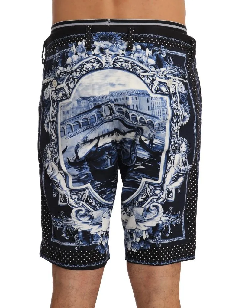 Black White Venice Print Cotton Shorts