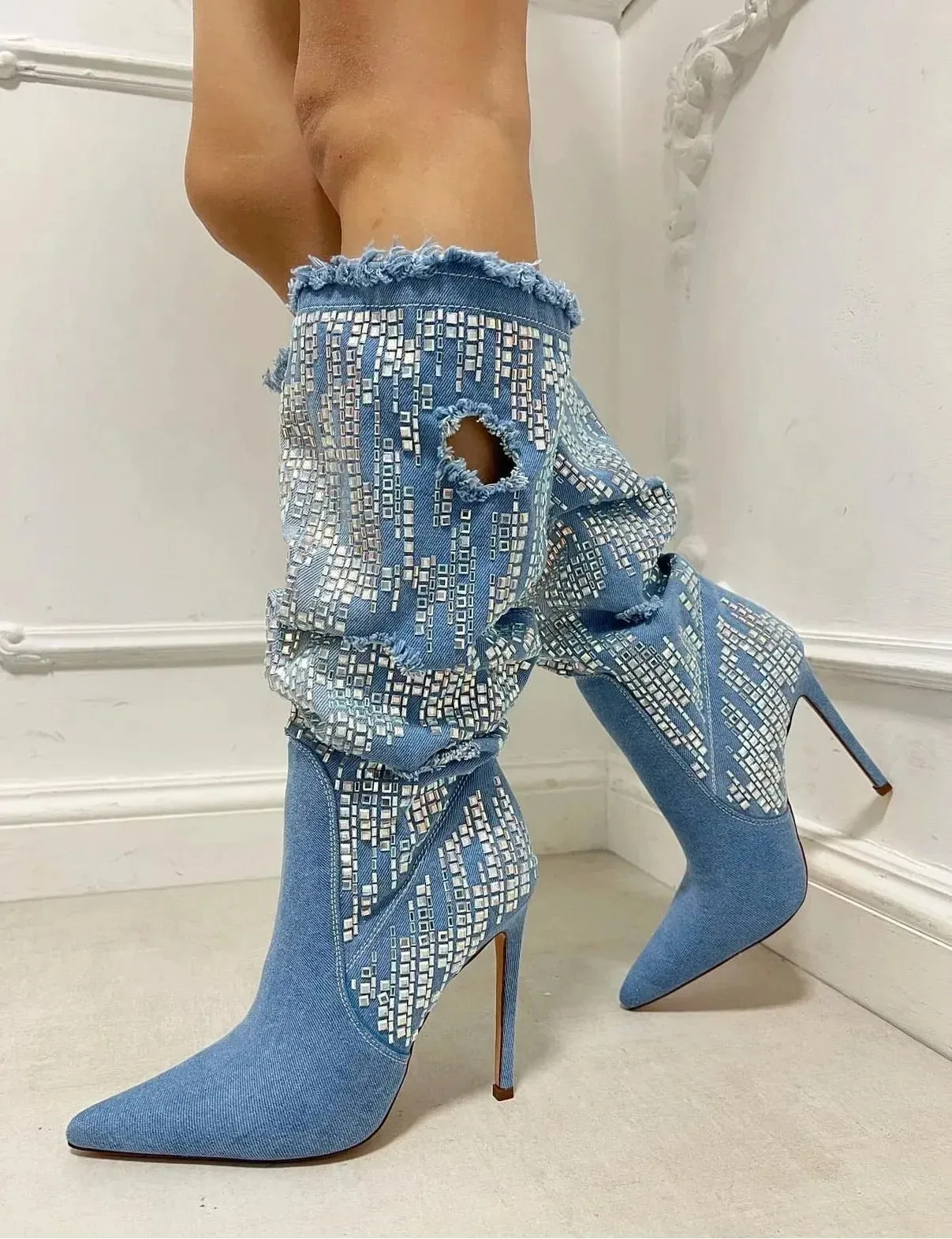 Blue Denim Knee-High Boots with Sequin and Mosaic Details