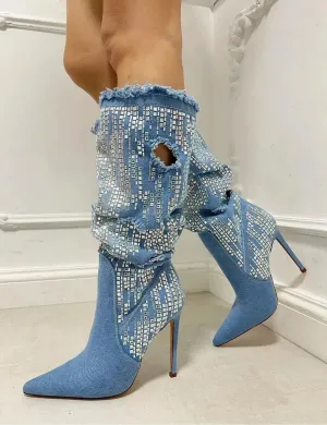 Blue Denim Knee-High Boots with Sequin and Mosaic Details