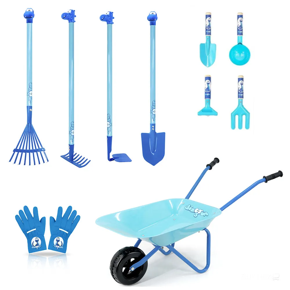 Blue Dinosaur Kids Gardening Set|Complete Metal Wheelbarrow & Tool Kids Gardening Kit Age 3 
