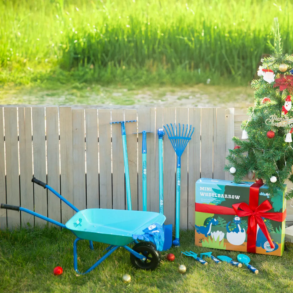 Blue Dinosaur Kids Gardening Set|Complete Metal Wheelbarrow & Tool Kids Gardening Kit Age 3 