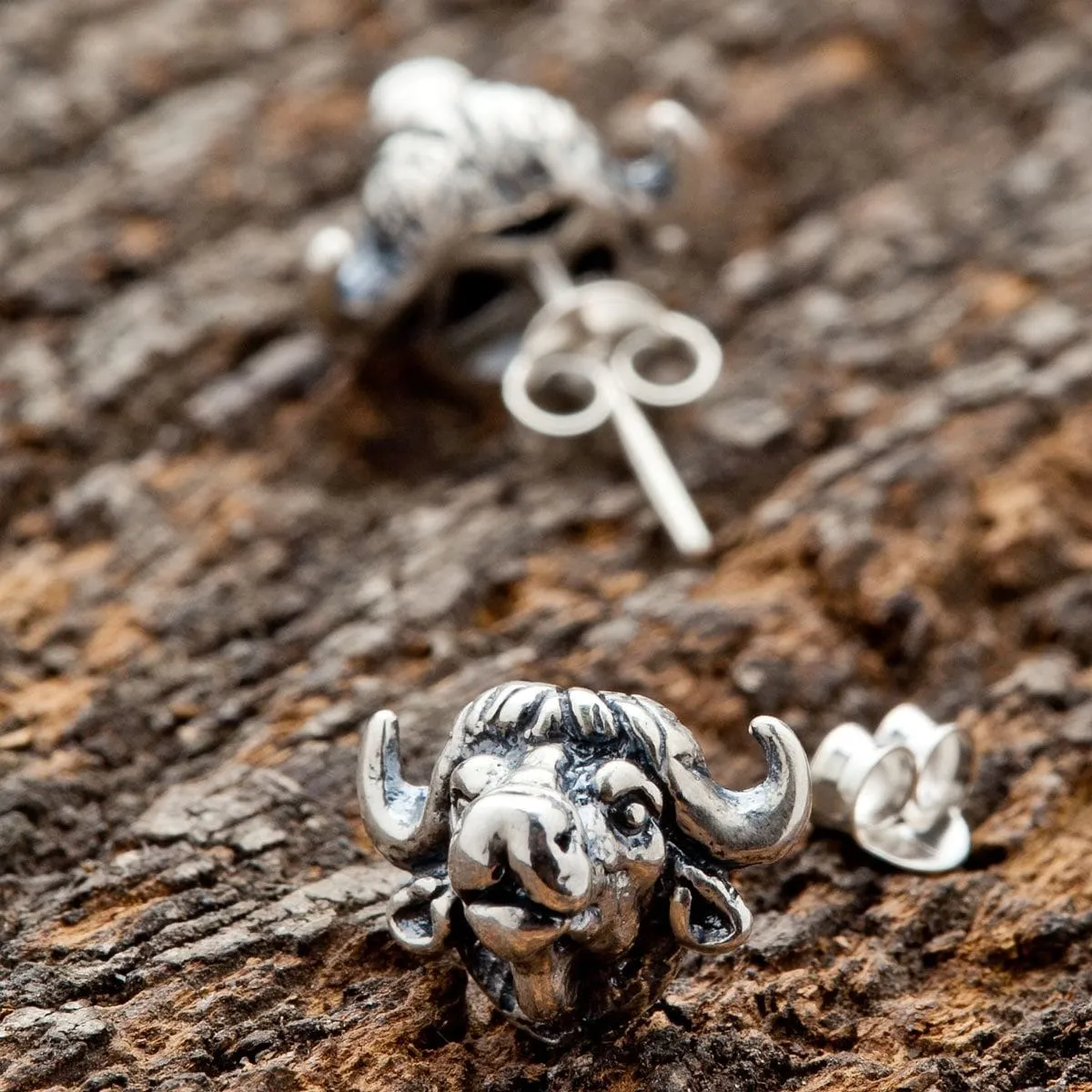 Bull Bison Head Sterling Silver Biker Stud Earrings