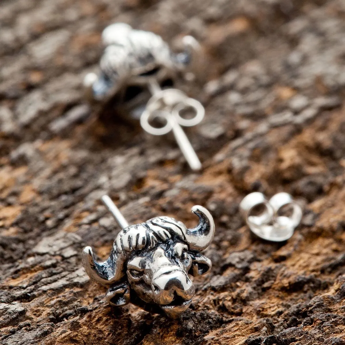Bull Bison Head Sterling Silver Biker Stud Earrings