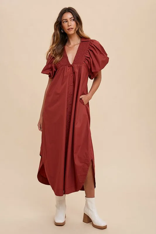 Burgundy Smocked Puff Sleeve Midi Dress