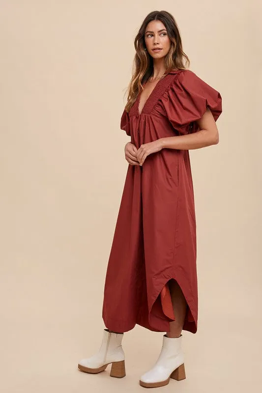 Burgundy Smocked Puff Sleeve Midi Dress