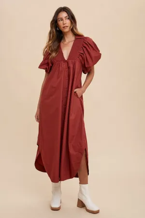 Burgundy Smocked Puff Sleeve Midi Dress