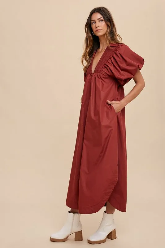 Burgundy Smocked Puff Sleeve Midi Dress