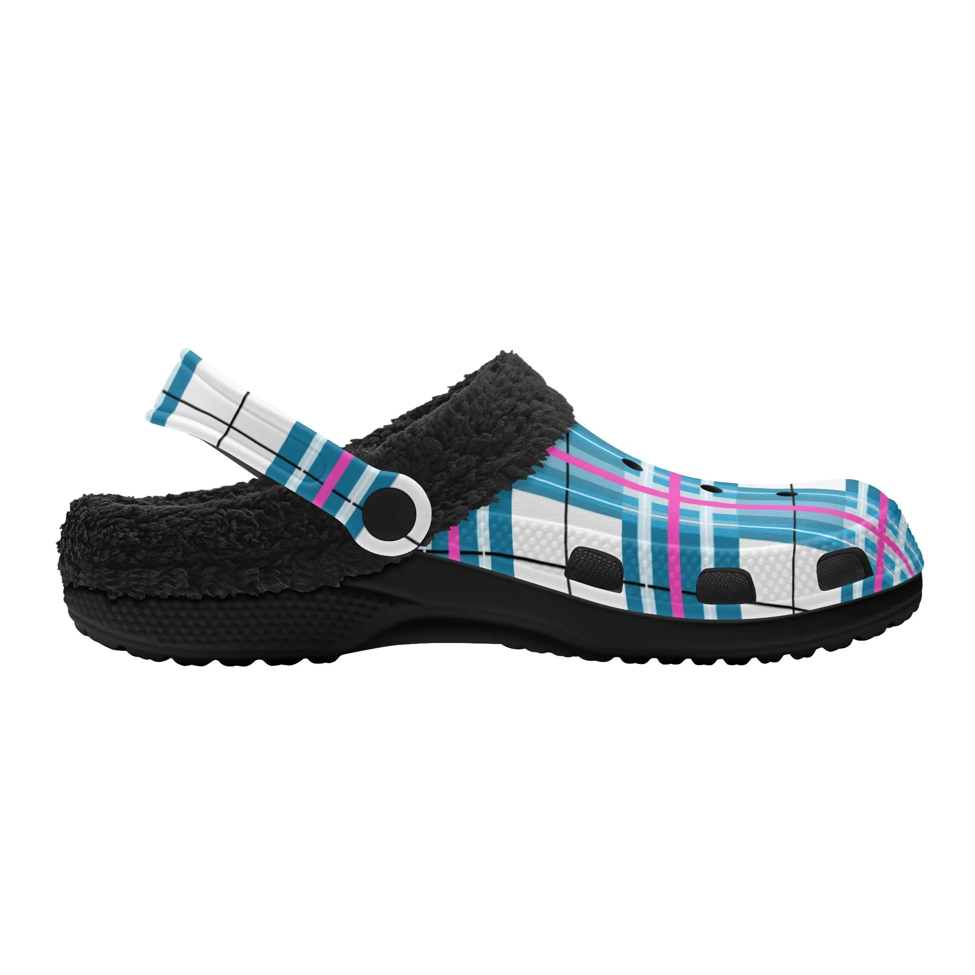 ✨'Bute Sky' Happy Tartan® Adult Clogs With Black Fleece Fur Lining✨