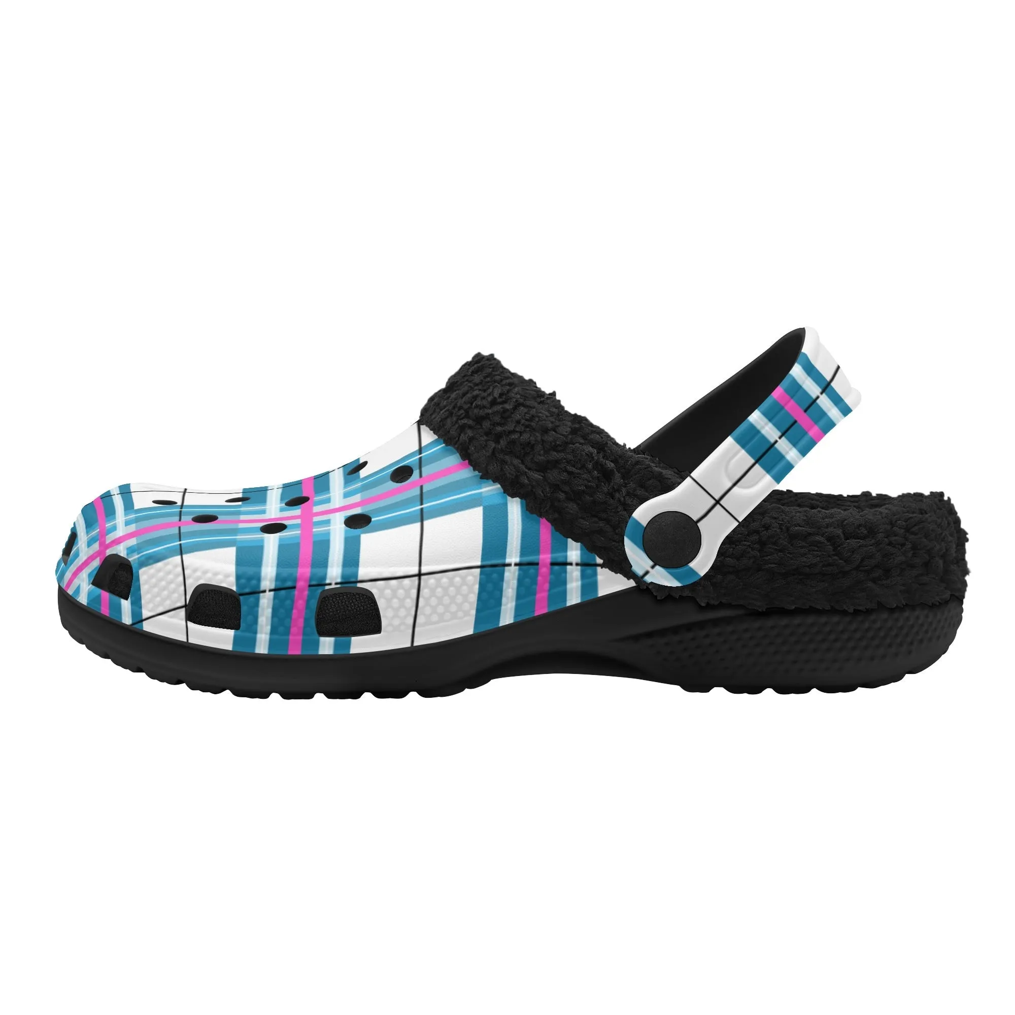 ✨'Bute Sky' Happy Tartan® Adult Clogs With Black Fleece Fur Lining✨