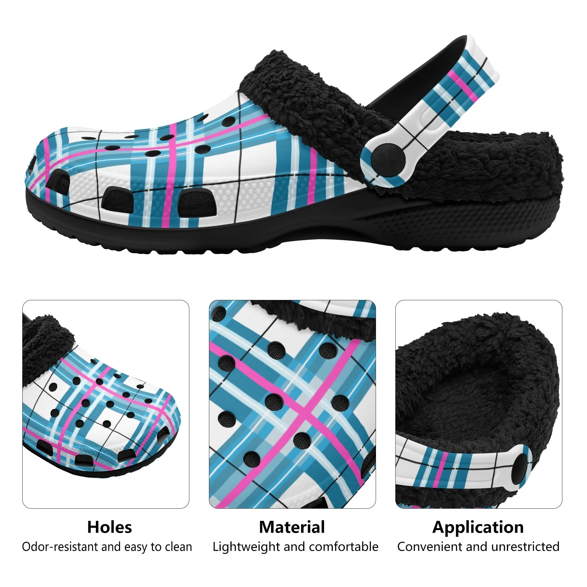 ✨'Bute Sky' Happy Tartan® Adult Clogs With Black Fleece Fur Lining✨