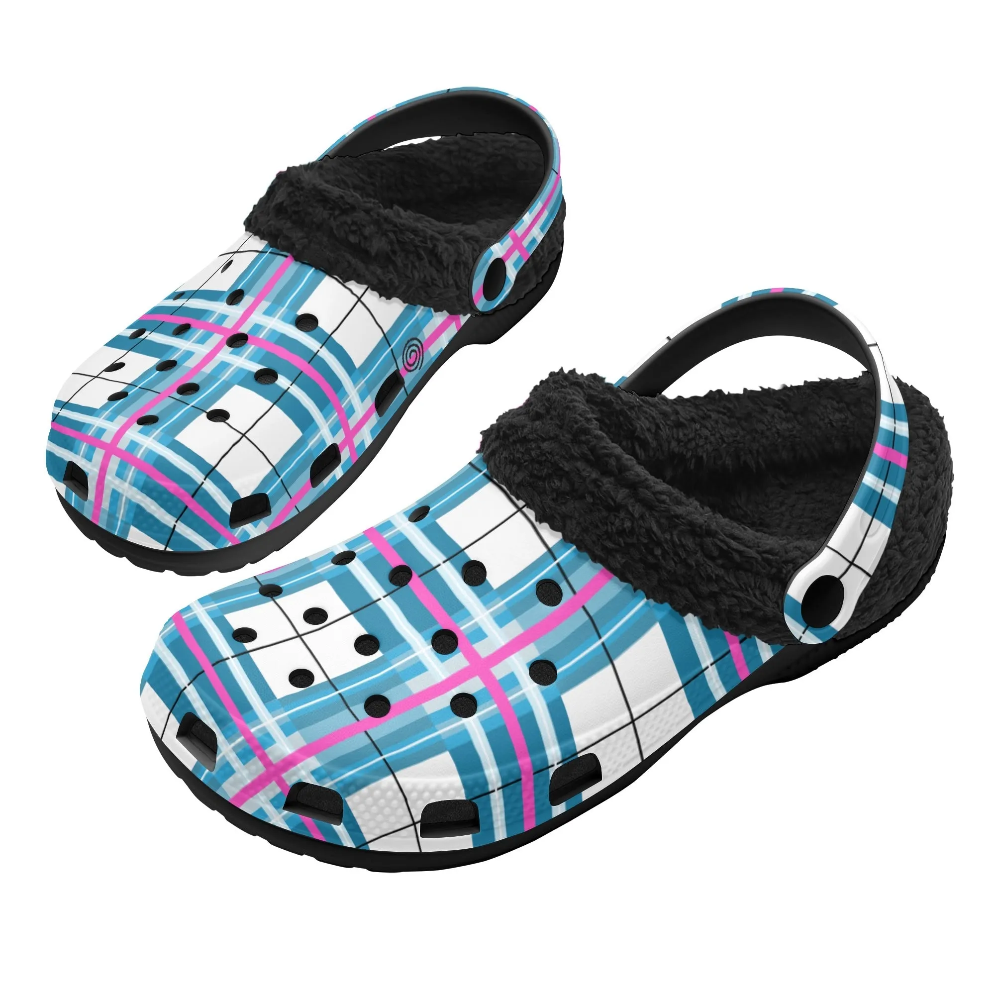 ✨'Bute Sky' Happy Tartan® Adult Clogs With Black Fleece Fur Lining✨