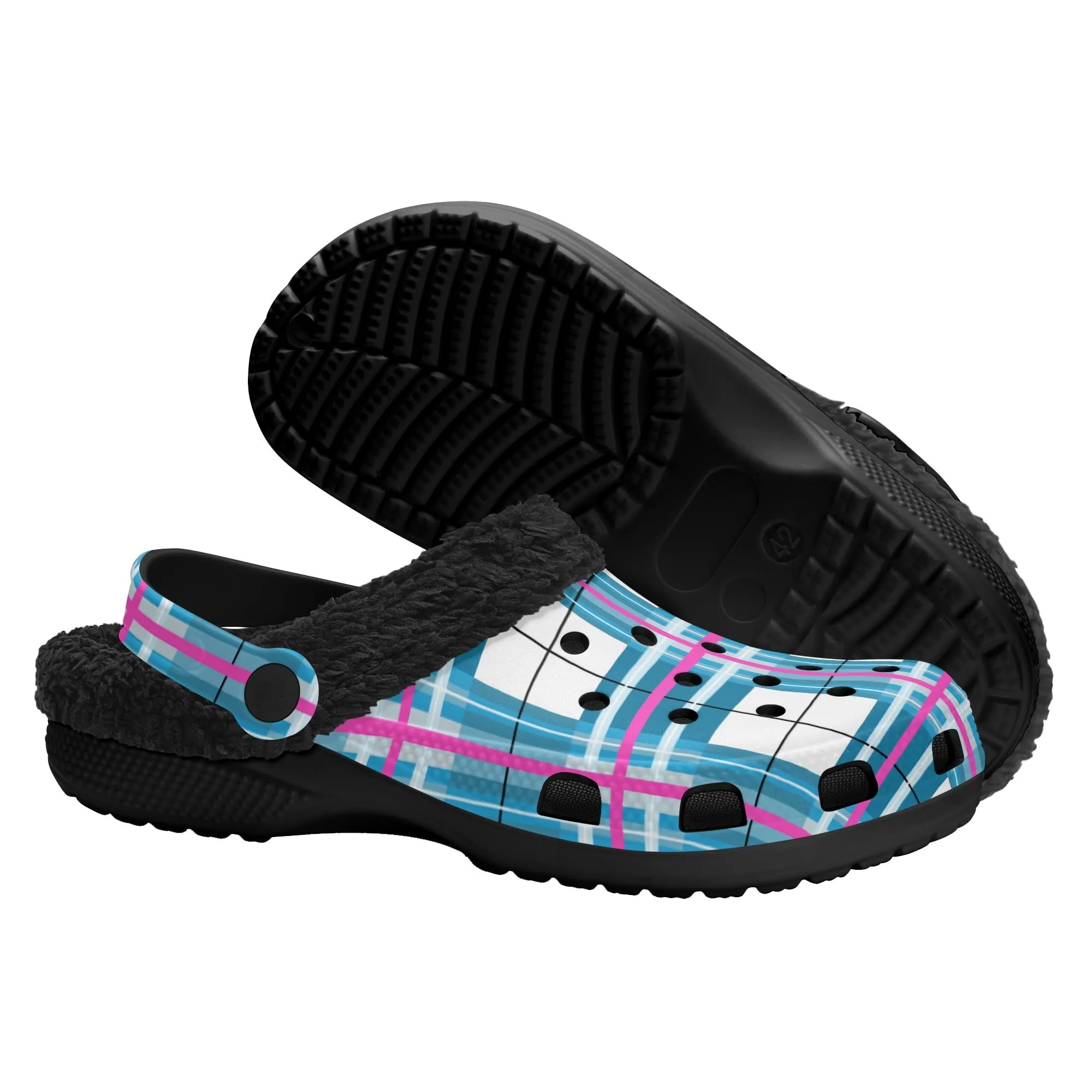 ✨'Bute Sky' Happy Tartan® Adult Clogs With Black Fleece Fur Lining✨