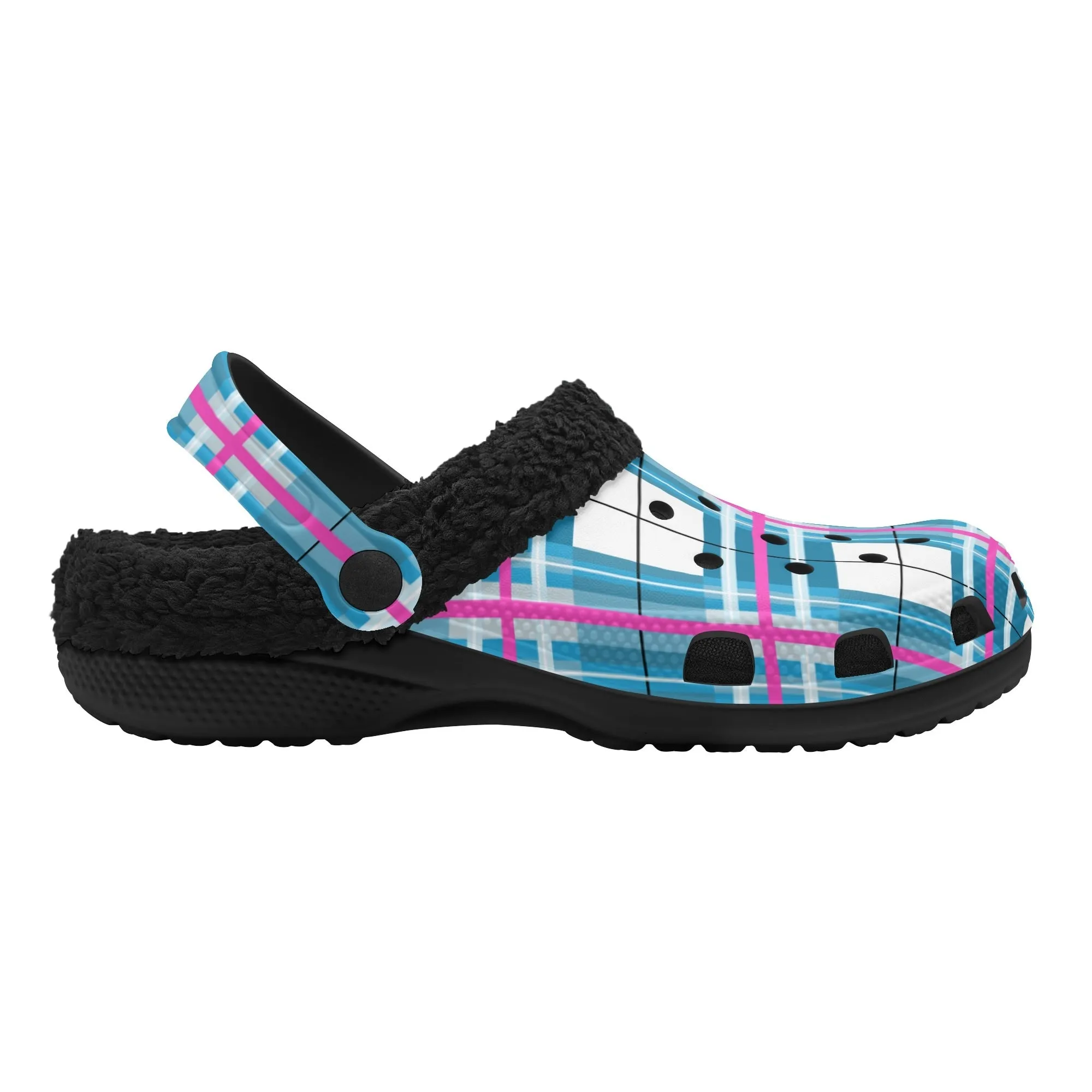 ✨'Bute Sky' Happy Tartan® Adult Clogs With Black Fleece Fur Lining✨