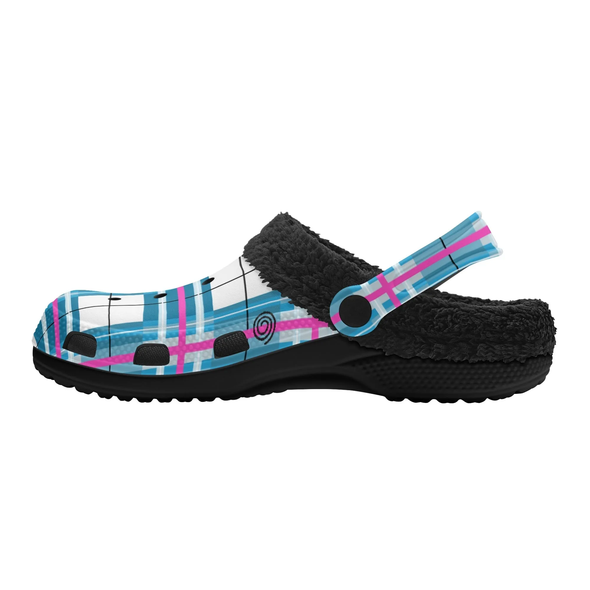 ✨'Bute Sky' Happy Tartan® Adult Clogs With Black Fleece Fur Lining✨