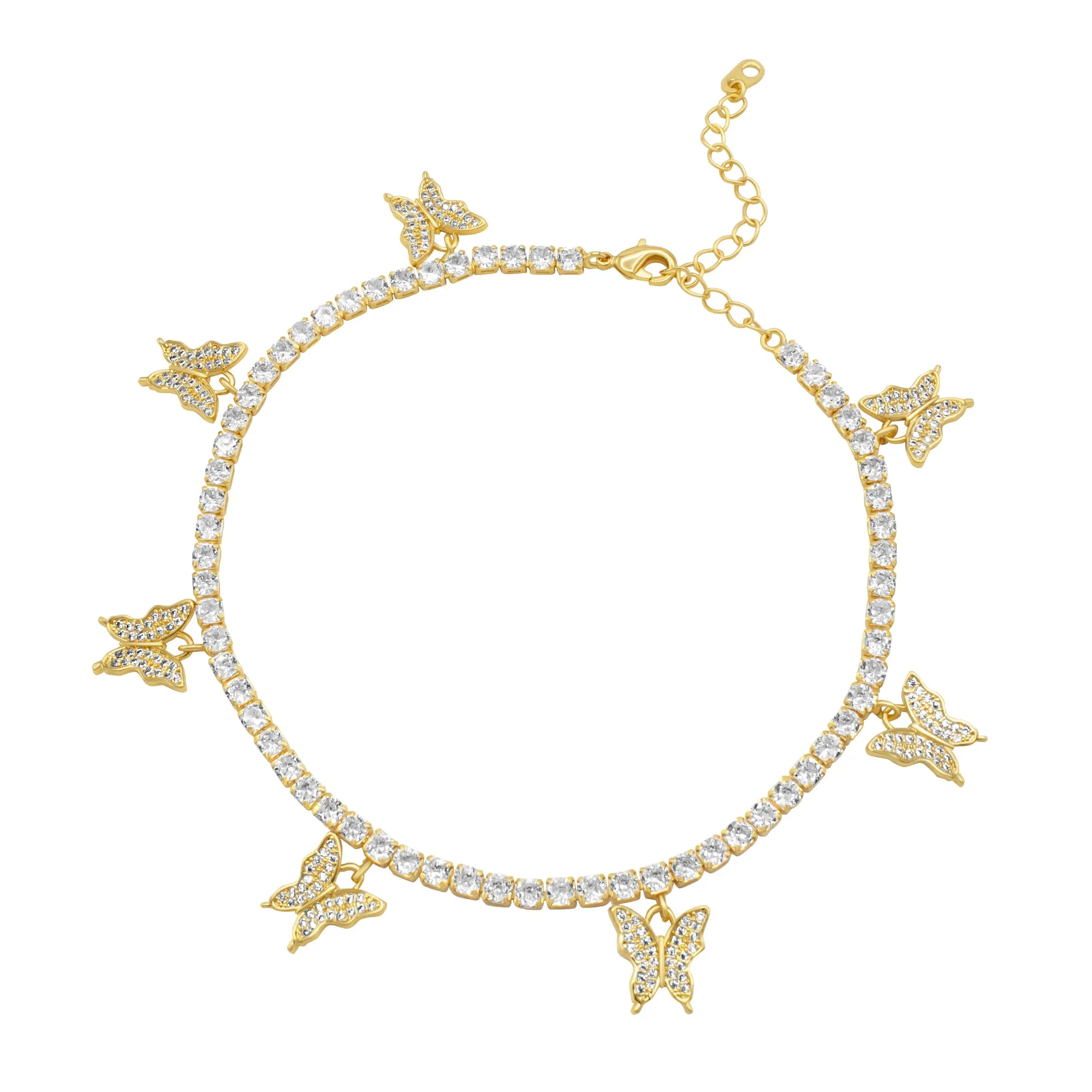 Butterfly Tennis Anklet 14K Gold And Silver Plated 3 mm Foot Bracelet 9" Chain Cubic Zirconia Stones Women Jewelry