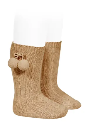 Camel Knee High Pom Pom Socks