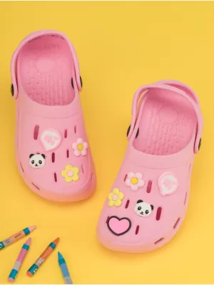 Charming Cartoon Clogs with Panda Faces, Colorful Flowers, Heart Accents and Hi Charm for Girls- Pink