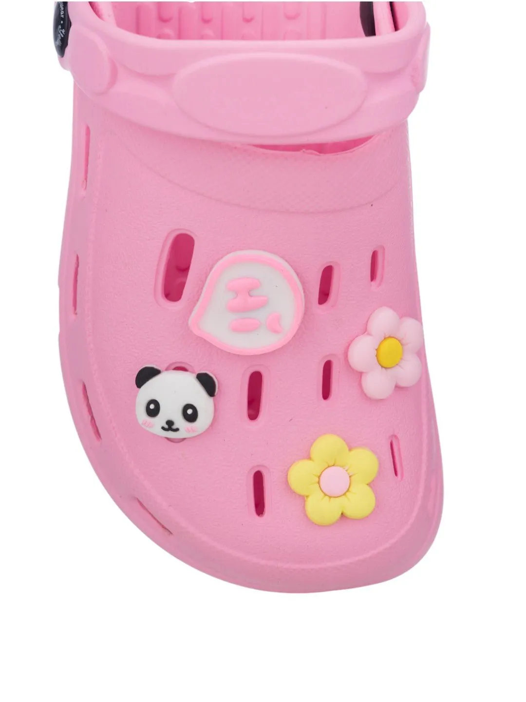 Charming Cartoon Clogs with Panda Faces, Colorful Flowers, Heart Accents and Hi Charm for Girls- Pink