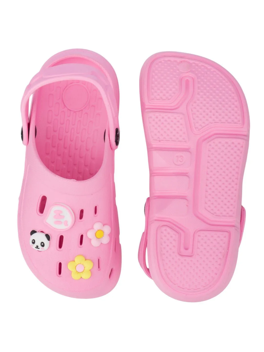 Charming Cartoon Clogs with Panda Faces, Colorful Flowers, Heart Accents and Hi Charm for Girls- Pink