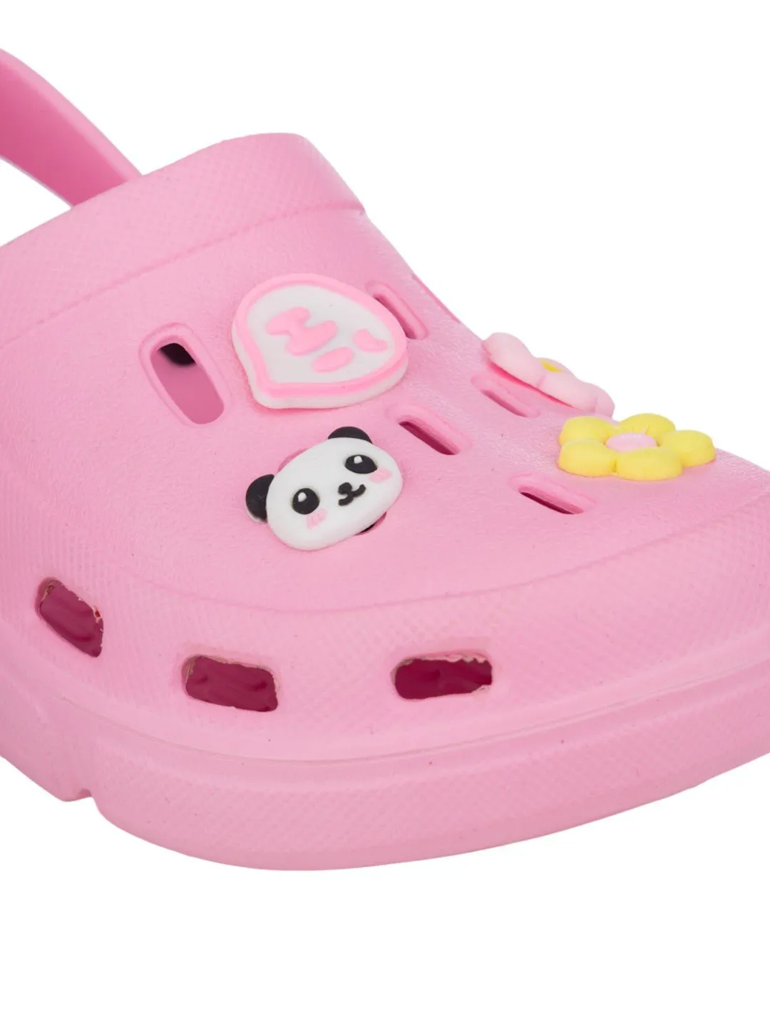 Charming Cartoon Clogs with Panda Faces, Colorful Flowers, Heart Accents and Hi Charm for Girls- Pink