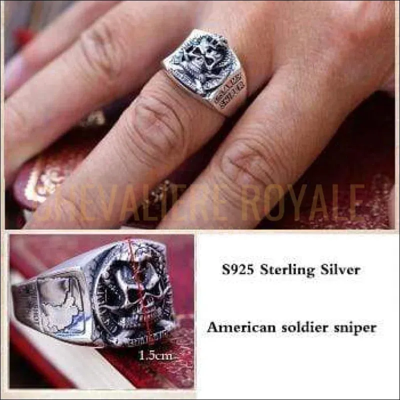 Chevalière homme en argent style biker American soldier sniper