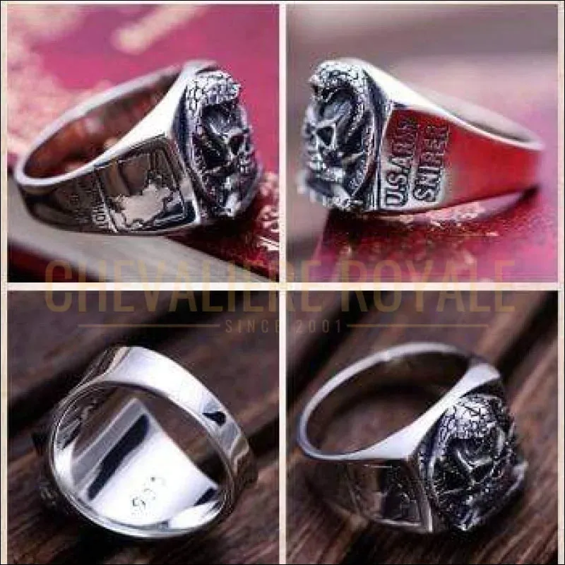 Chevalière homme en argent style biker American soldier sniper