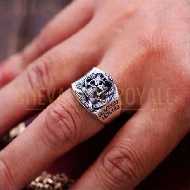 Chevalière homme en argent style biker American soldier sniper