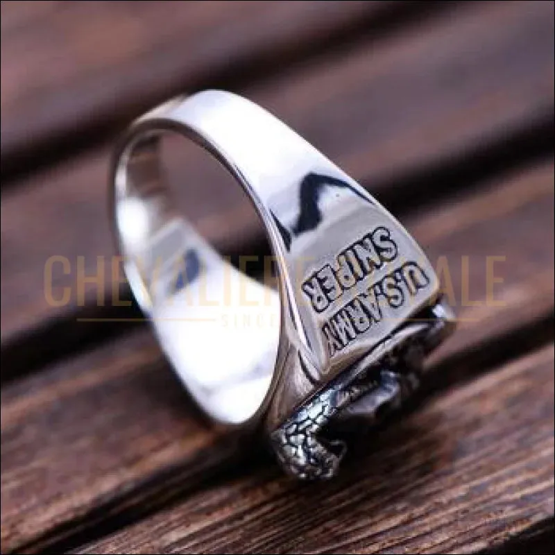 Chevalière homme en argent style biker American soldier sniper