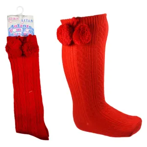 Christmas Red Knee High Ribbed Pom Pom Socks