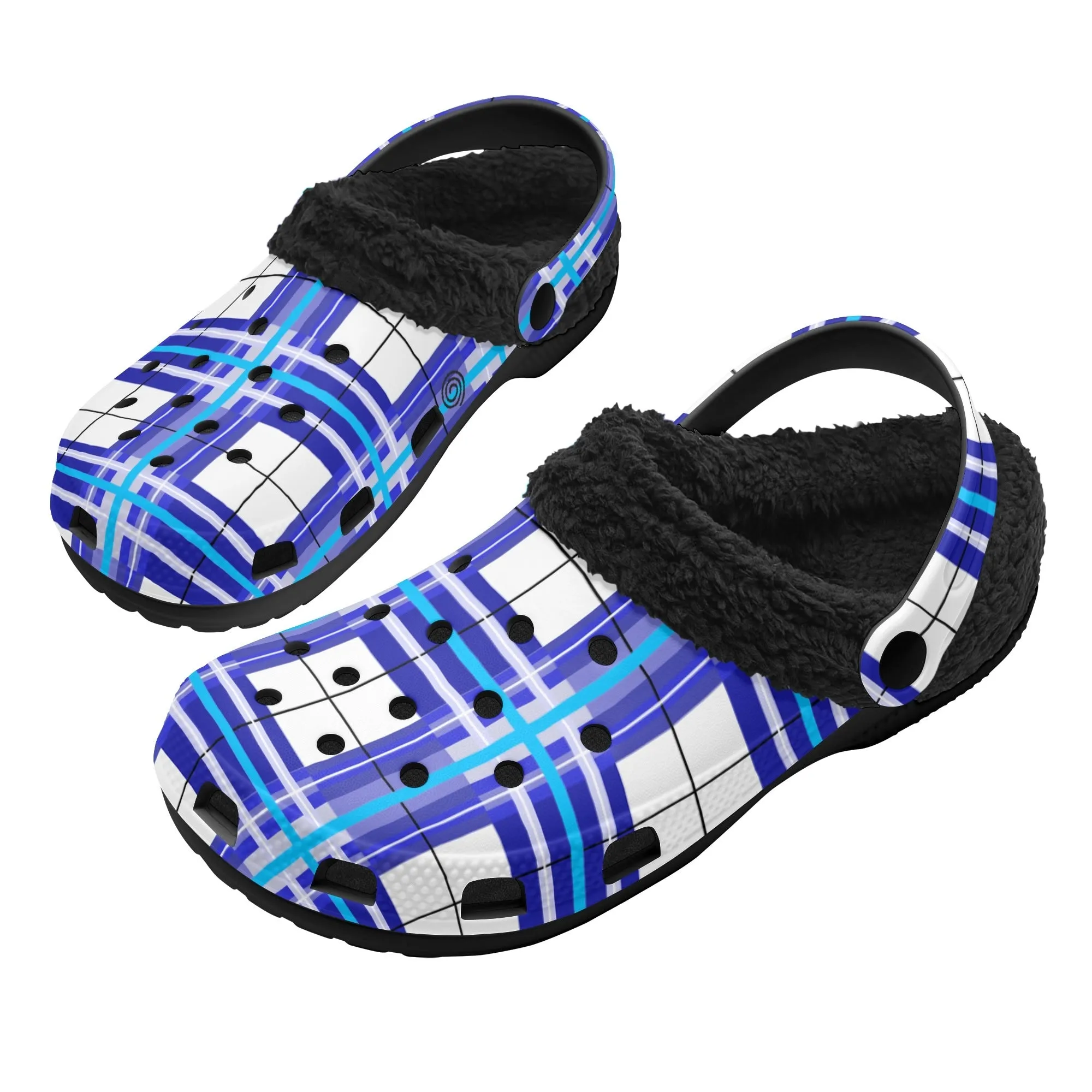 ✨'Cumbrae Sky' Happy Tartan® Adult Clogs With Black Fleece Fur Lining✨