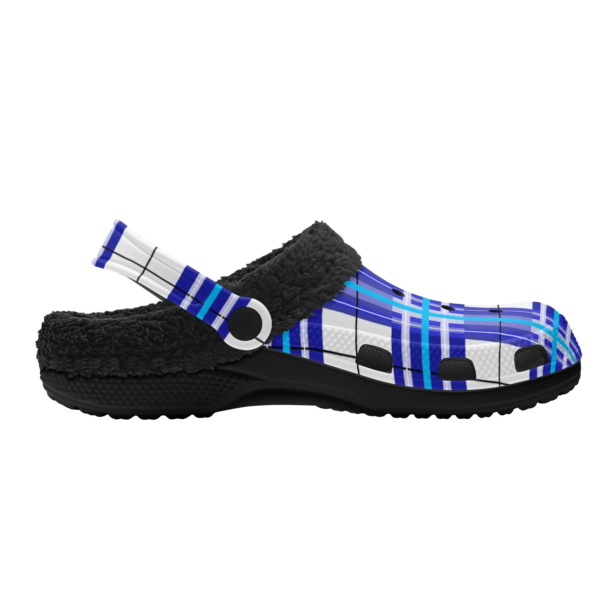 ✨'Cumbrae Sky' Happy Tartan® Adult Clogs With Black Fleece Fur Lining✨