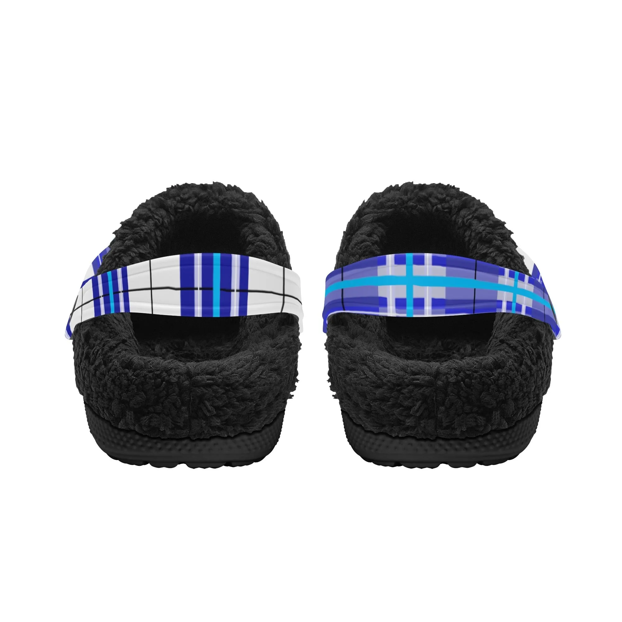 ✨'Cumbrae Sky' Happy Tartan® Adult Clogs With Black Fleece Fur Lining✨