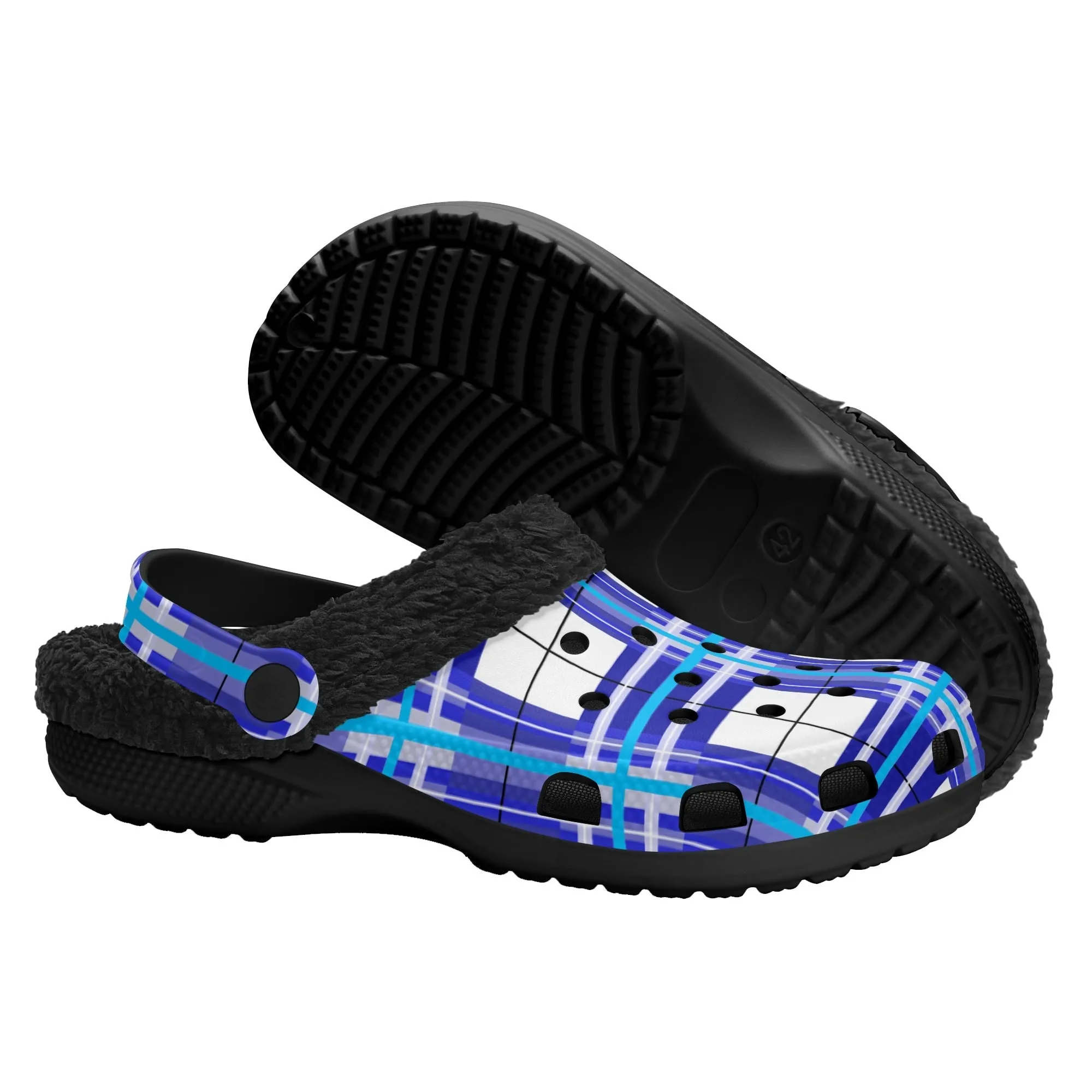 ✨'Cumbrae Sky' Happy Tartan® Adult Clogs With Black Fleece Fur Lining✨