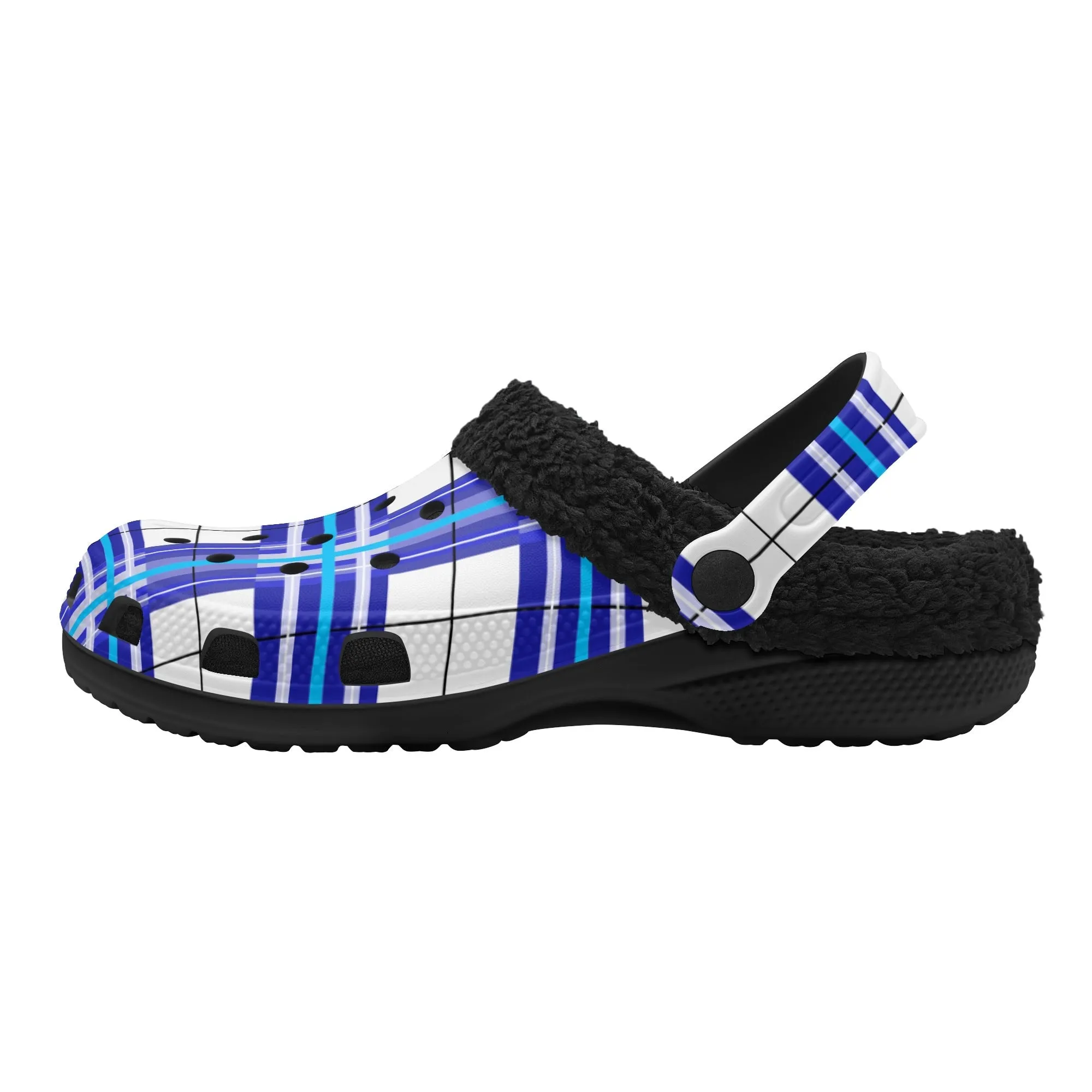 ✨'Cumbrae Sky' Happy Tartan® Adult Clogs With Black Fleece Fur Lining✨
