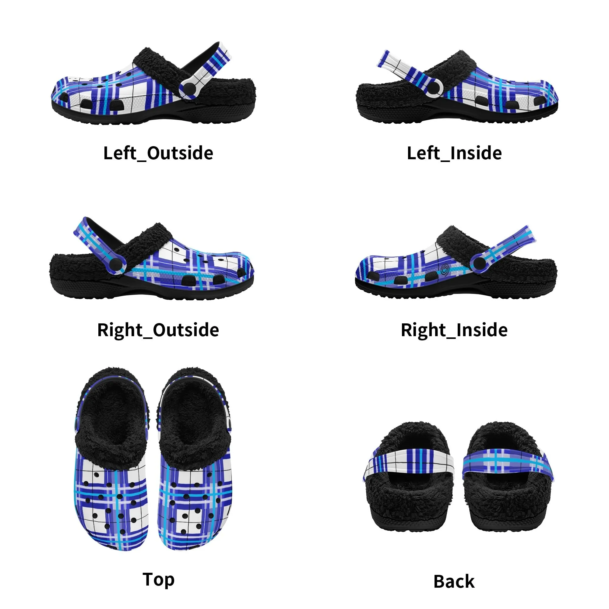 ✨'Cumbrae Sky' Happy Tartan® Adult Clogs With Black Fleece Fur Lining✨